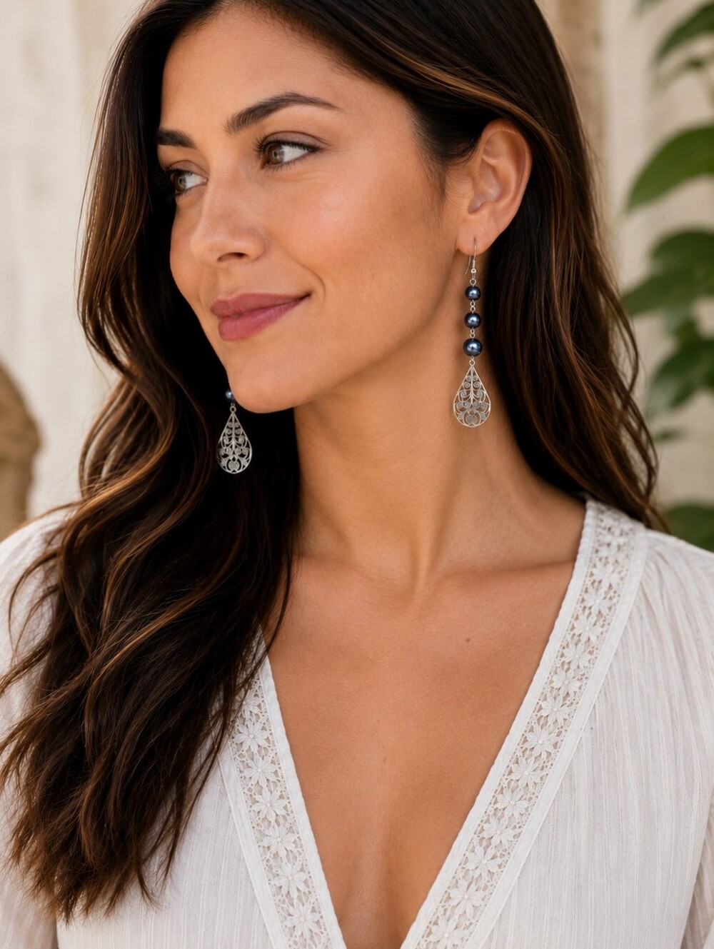 Silver Filigree Teardrop Dangle Earrings with Faux‎ Blue Pearls – Boho Statement